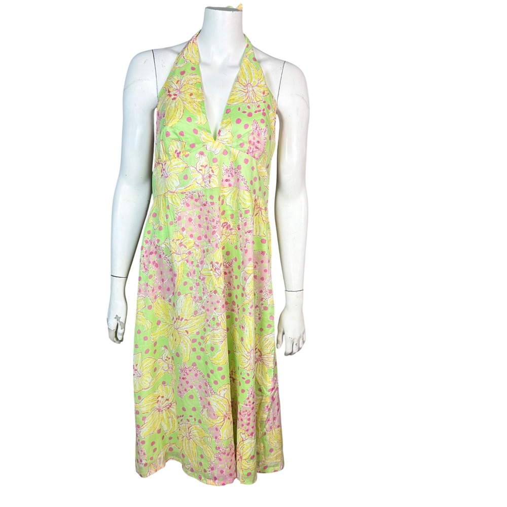 Y2k Lilly Pulitzer Halter Midi Size 12 Pastel Seahorse Floral Cotton Whimsical